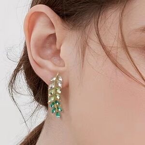 Sparkly Gold Plated Rhinestone Green Gradient Leaf Earrings. New.